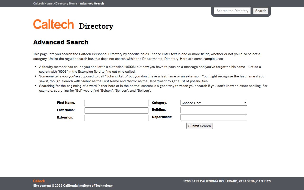 San Gabriel people directories research with Caltech advanced directory fields