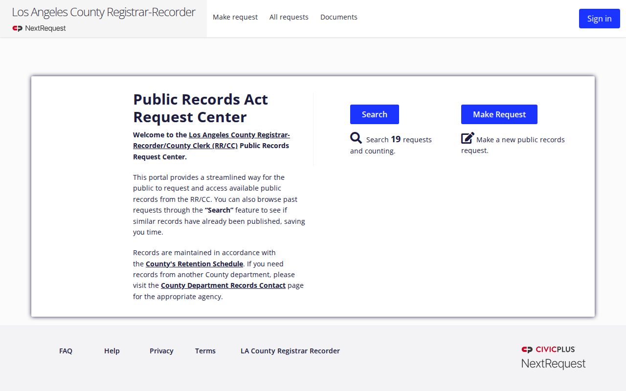 San Gabriel open records request screen for the Los Angeles County recorder
